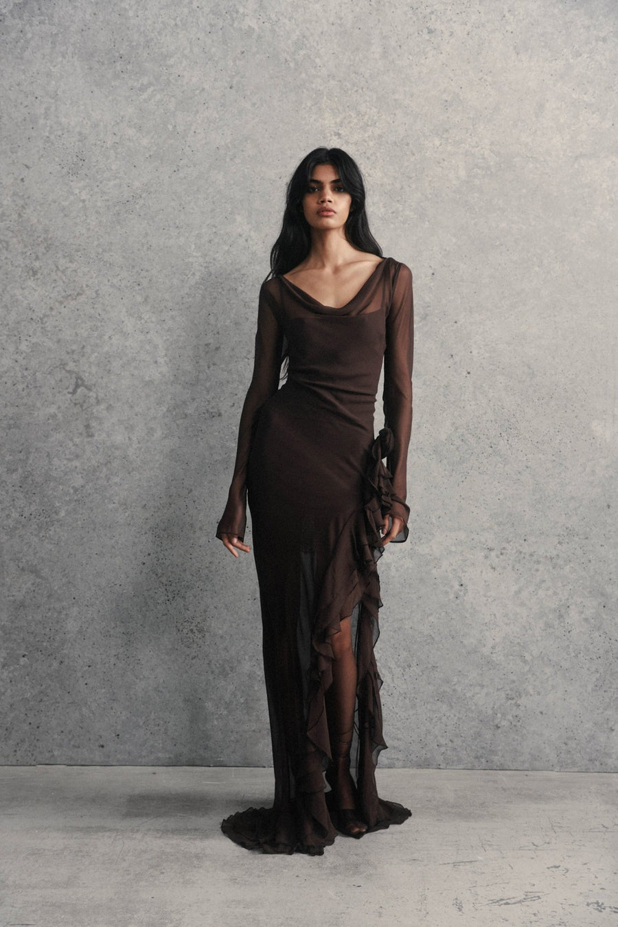 CHARMIDES MAXI DRESS IN CHOCOLATE BROWN SILK CHIFFON DE LA VALI OFFICIAL CHARMIDES MAXI DRESS IN CHOCOLATE BROWN SILK CHIFFON DE LA VALI OFFICIAL