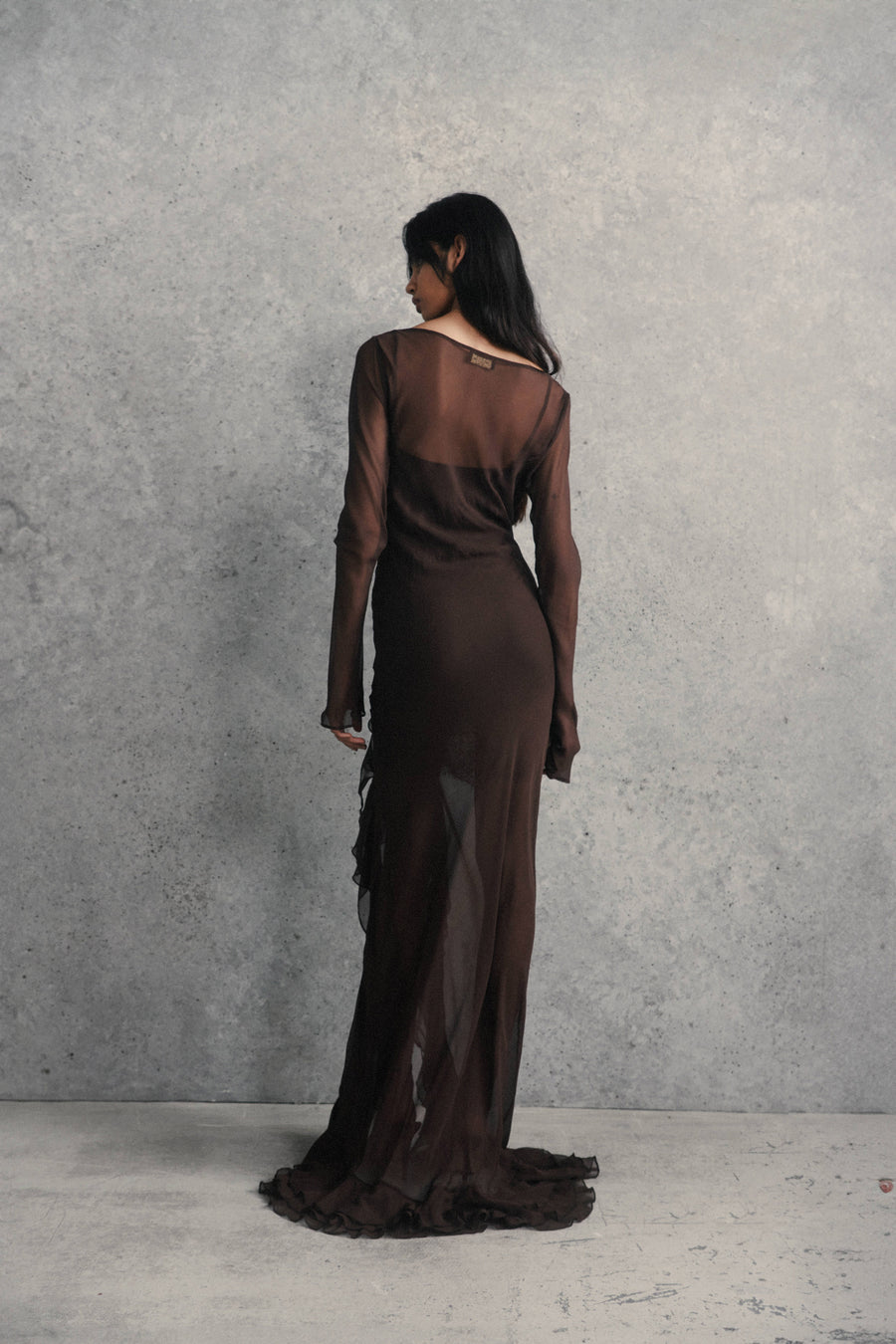 CHARMIDES MAXI DRESS IN CHOCOLATE BROWN SILK CHIFFON