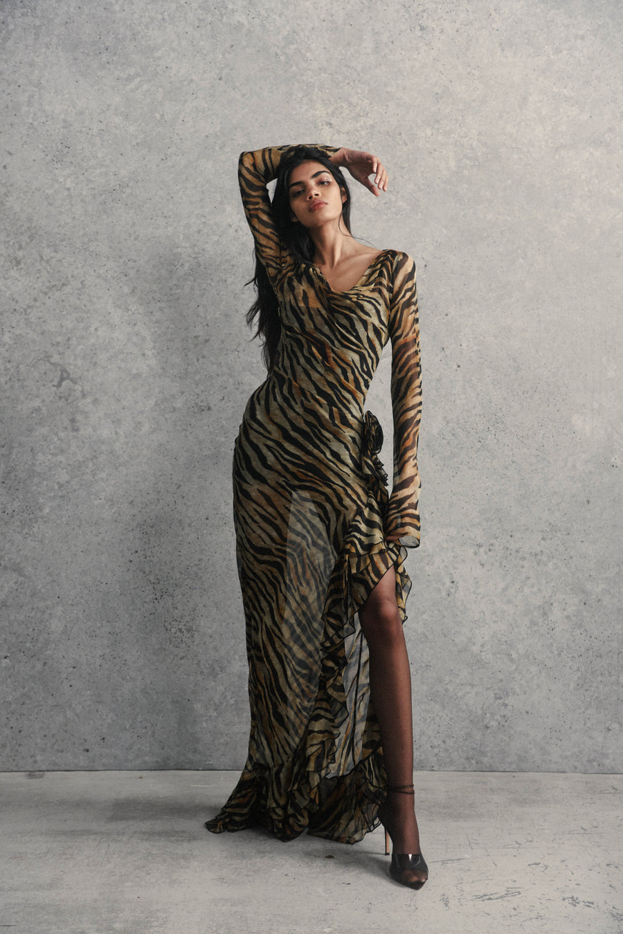 CHARMIDES MAXI DRESS IN SALVAJE ANIMAL PRINT SILK CHIFFON