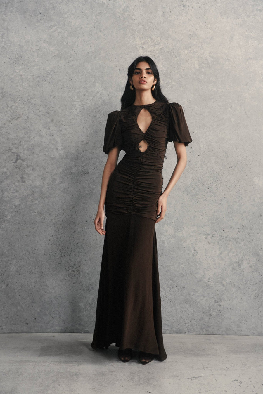 OLYMPIA MAXI DRESS IN CHOCOLATE BROWN CREPE DE CHINE DE LA VALI OFFICIAL OLYMPIA MAXI DRESS IN CHOCOLATE BROWN CREPE DE CHINE DE LA VALI OFFICIAL