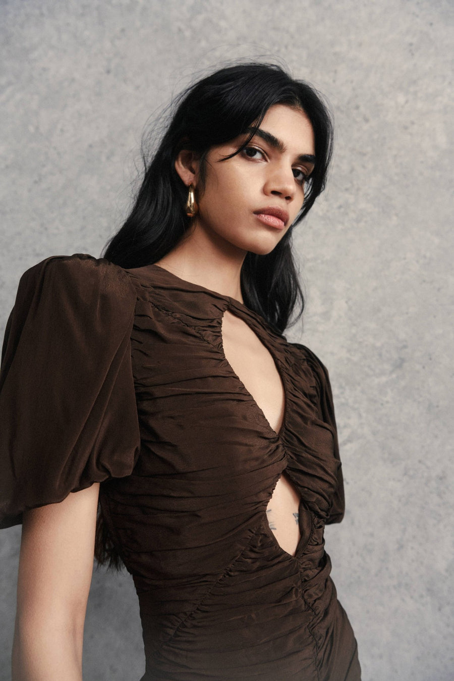 OLYMPIA MAXI DRESS IN CHOCOLATE BROWN CREPE DE CHINE DE LA VALI OFFICIAL OLYMPIA MAXI DRESS IN CHOCOLATE BROWN CREPE DE CHINE DE LA VALI OFFICIAL