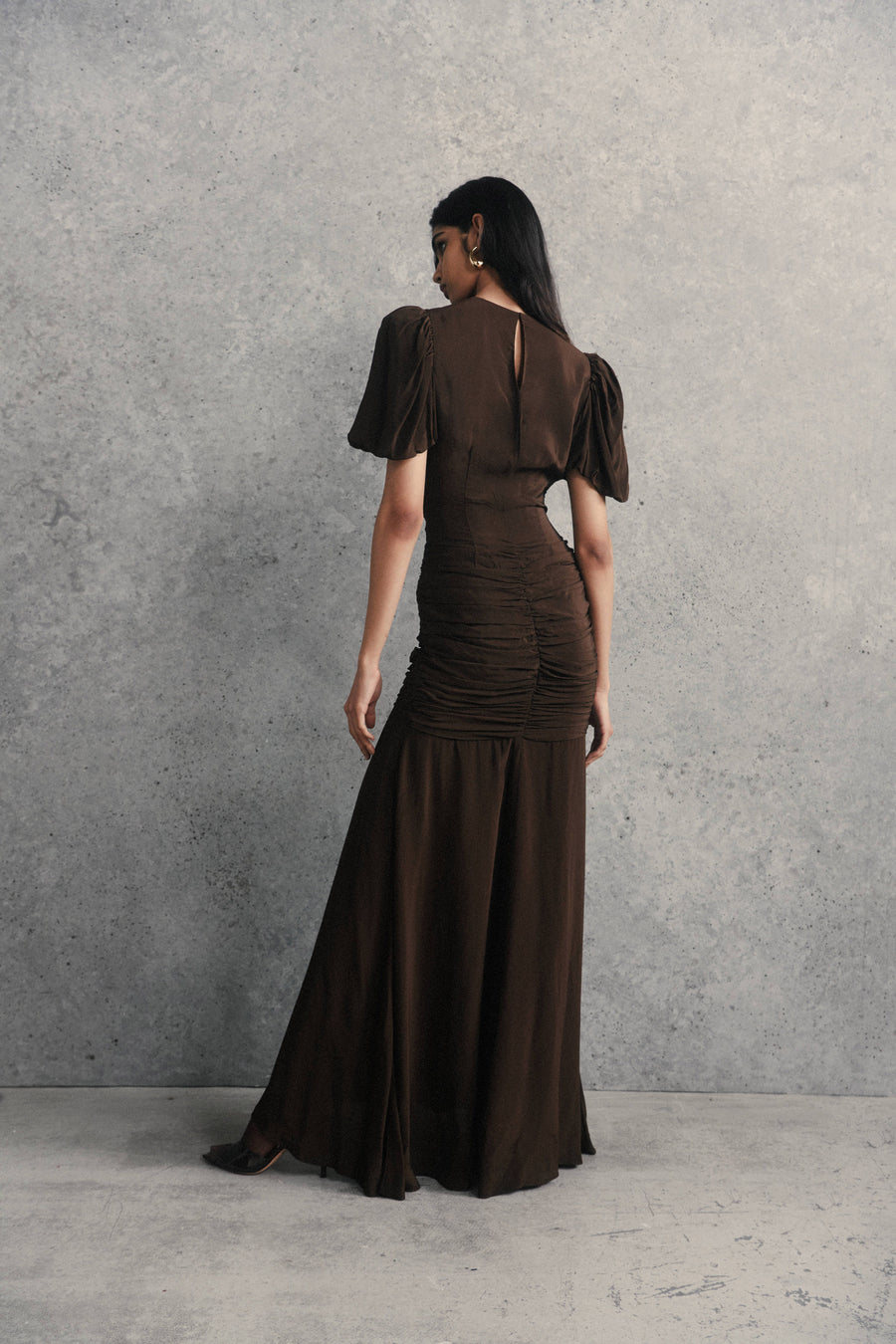 OLYMPIA MAXI DRESS IN CHOCOLATE BROWN CREPE DE CHINE