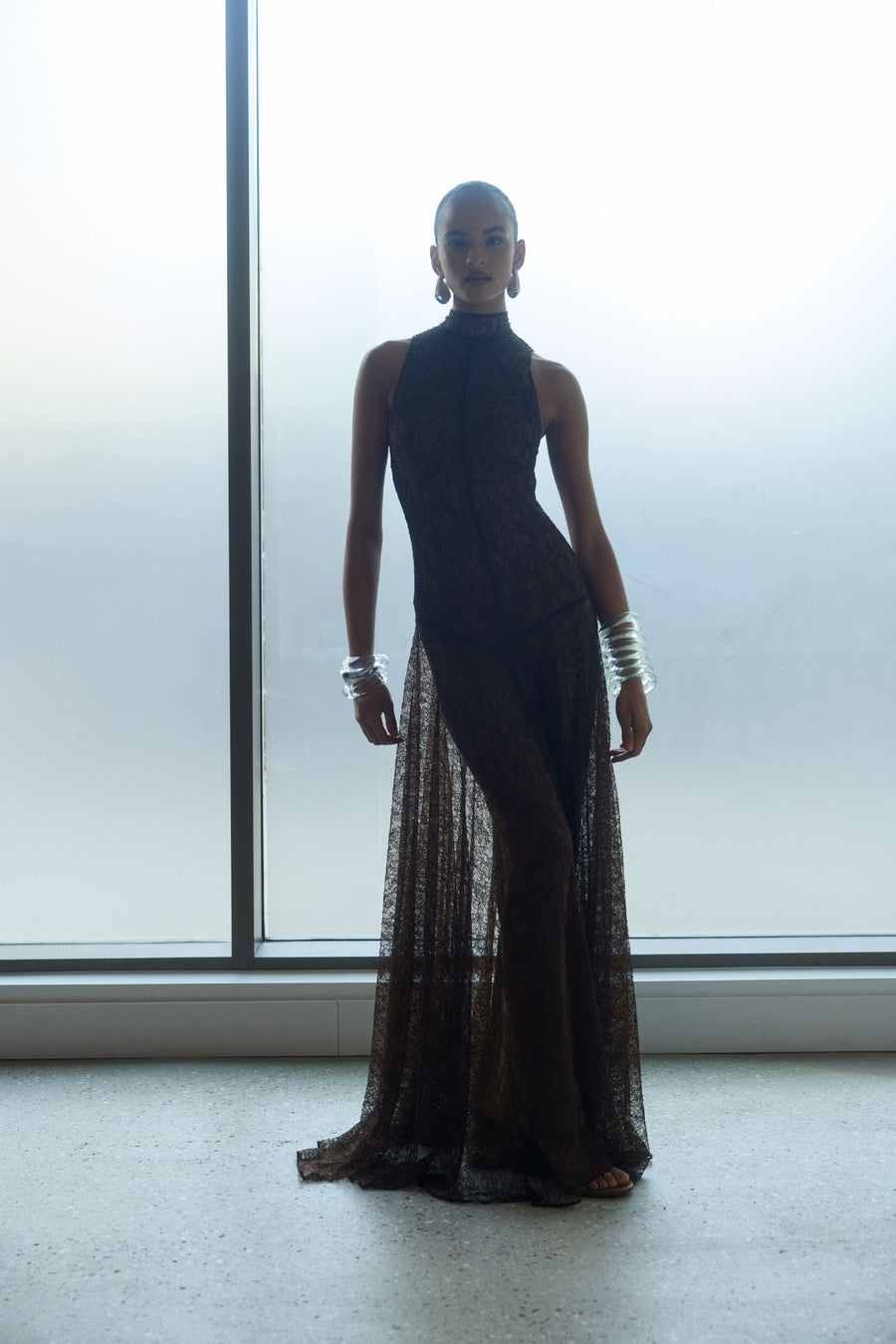 Foehn Maxi Dress in Brown Lace - De La Vali DE LA VALI OFFICIAL Foehn Maxi Dress in Brown Lace - De La Vali DE LA VALI OFFICIAL