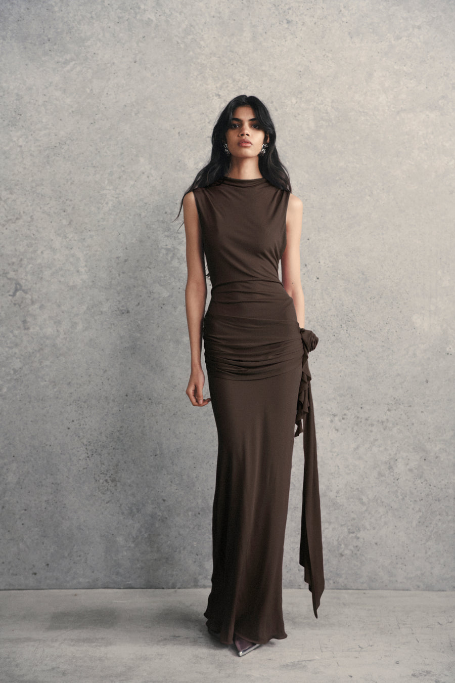 JACINTH MAXI DRESS IN CHOCOLATE BROWN JERSEY
