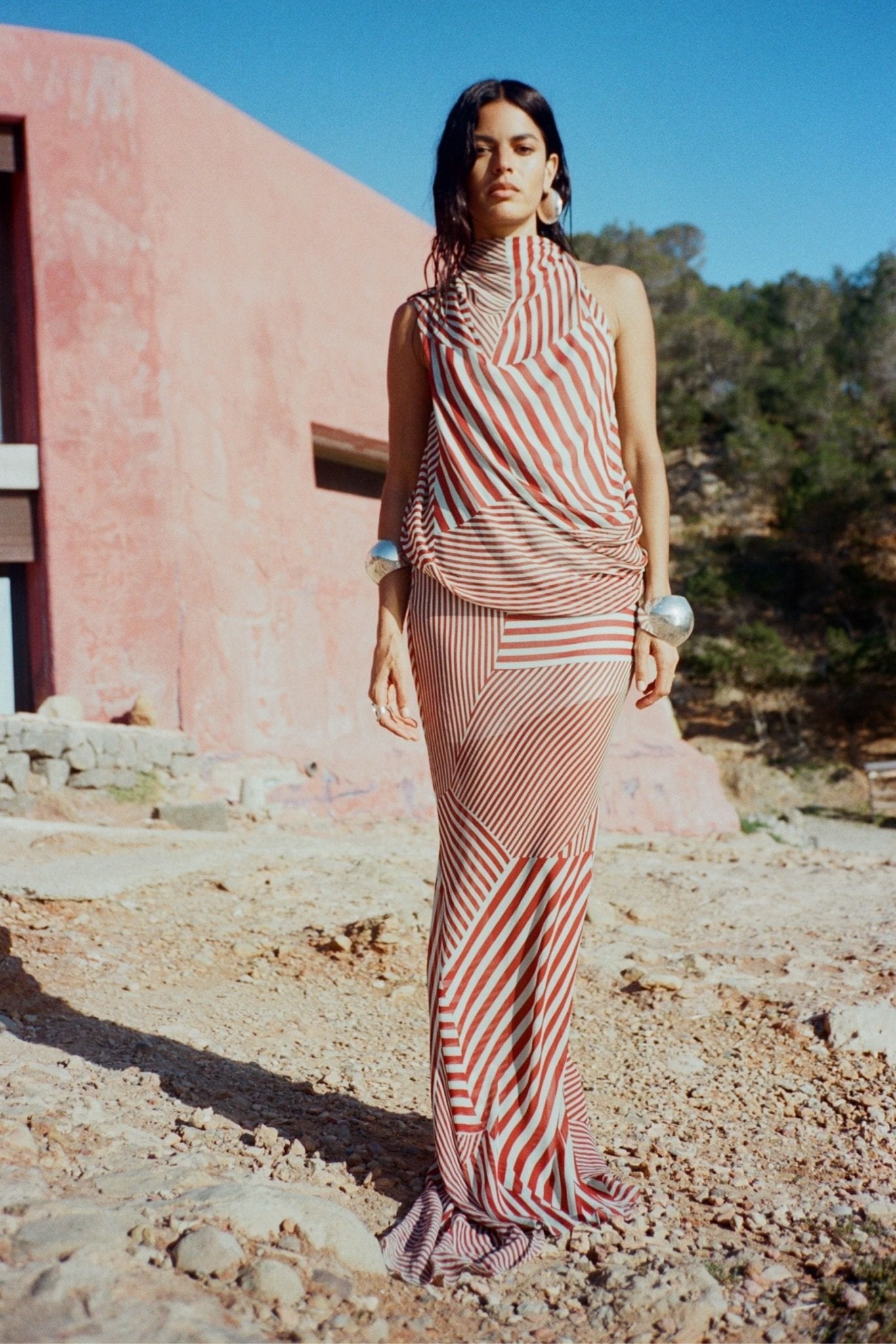 DIOSA SKIRT IN MAROON & TURQUOISE STRIPE GEORGETTE - De La Vali