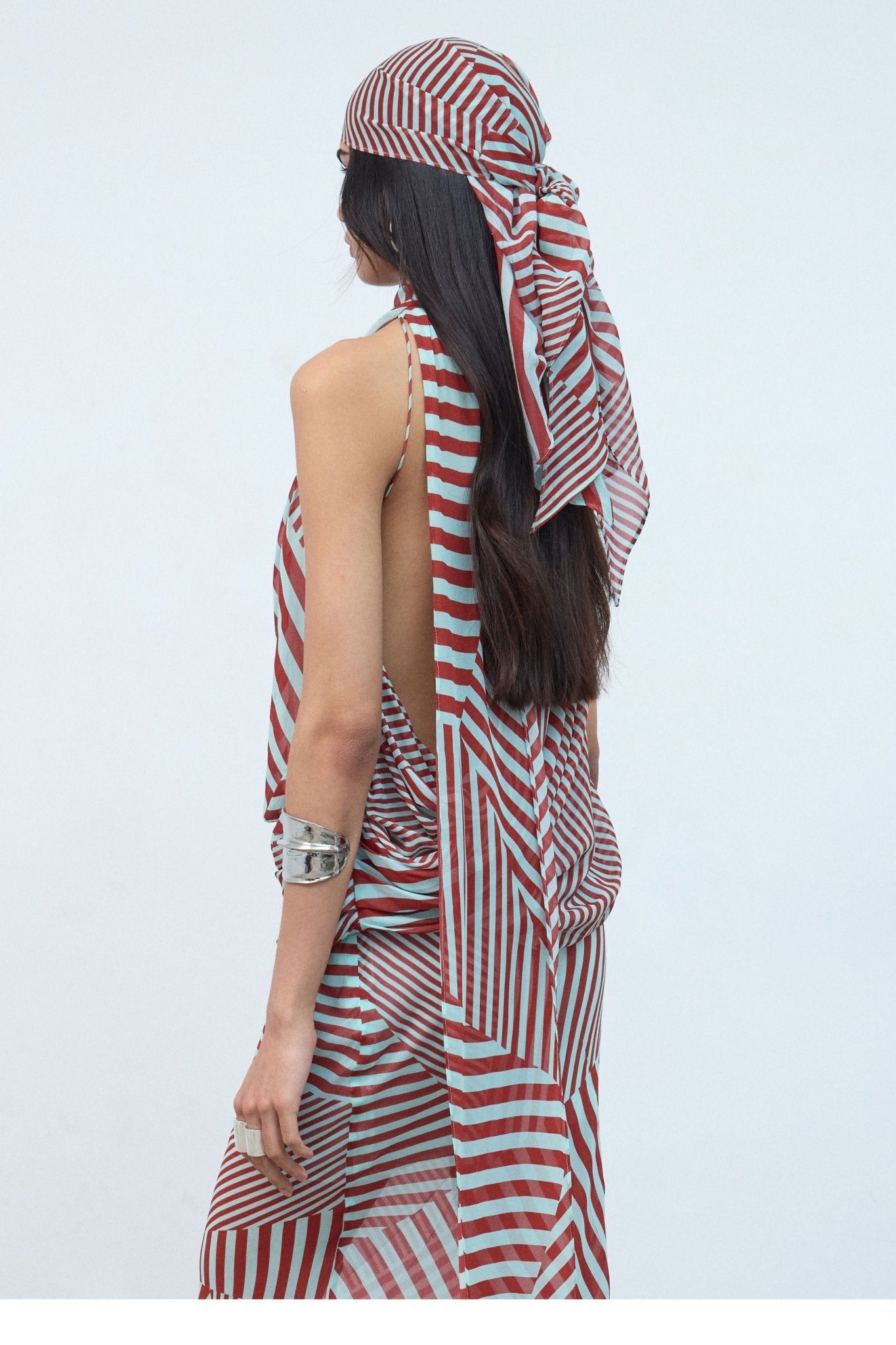 LUNA HEAD SCARF IN MAROON & TURQUOISE STRIPE GEORGETTE - De La Vali