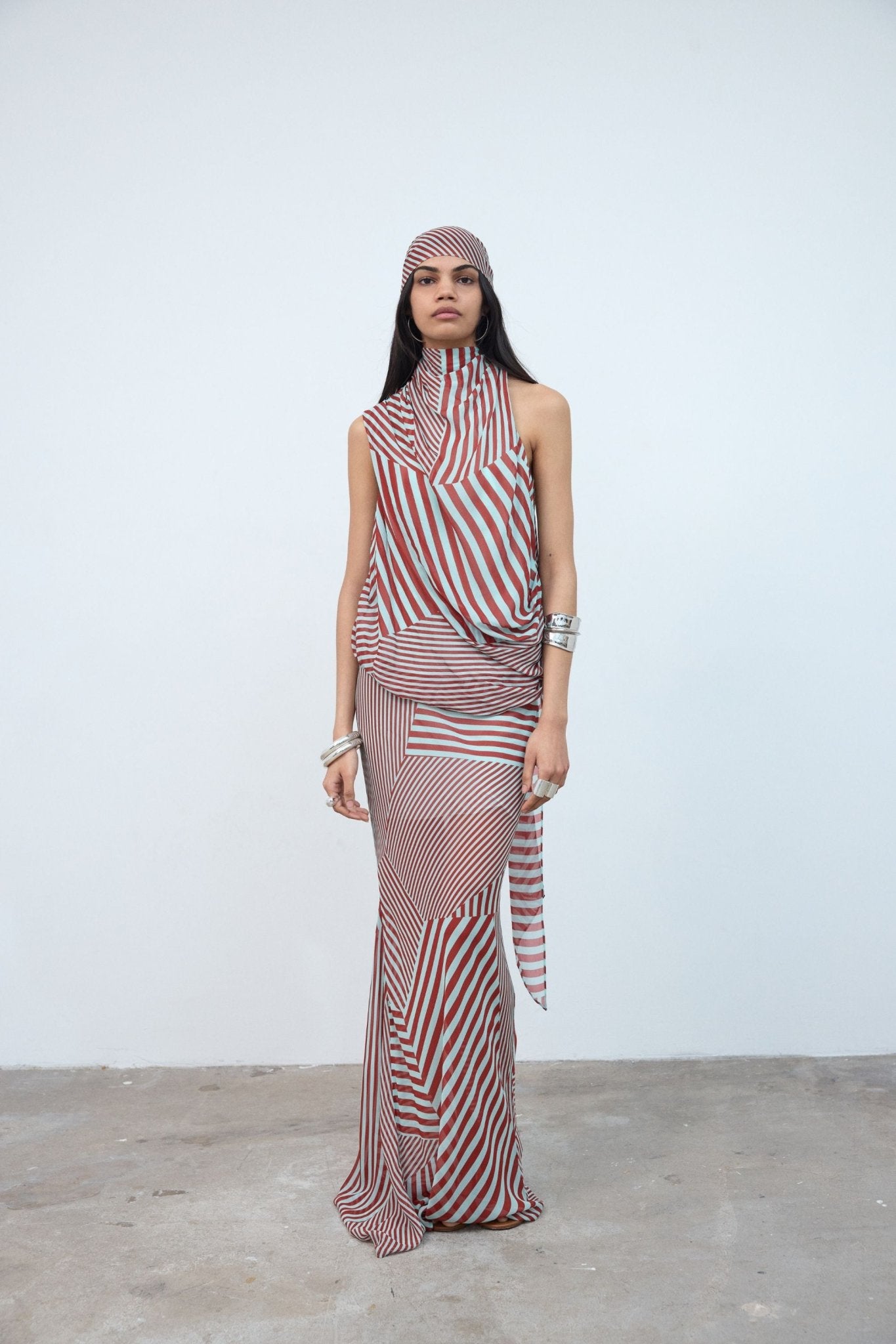 DIOSA SKIRT IN MAROON & TURQUOISE STRIPE GEORGETTE - De La Vali