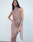 DIOSA SKIRT IN MAROON & TURQUOISE STRIPE GEORGETTE - De La Vali