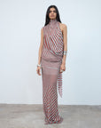 DIOSA SKIRT IN MAROON & TURQUOISE STRIPE GEORGETTE - De La Vali