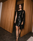 RADIO MINI DRESS IN BLACK SEQUIN/FEATHER