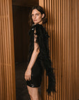 RADIO MINI DRESS IN BLACK SEQUIN/FEATHER