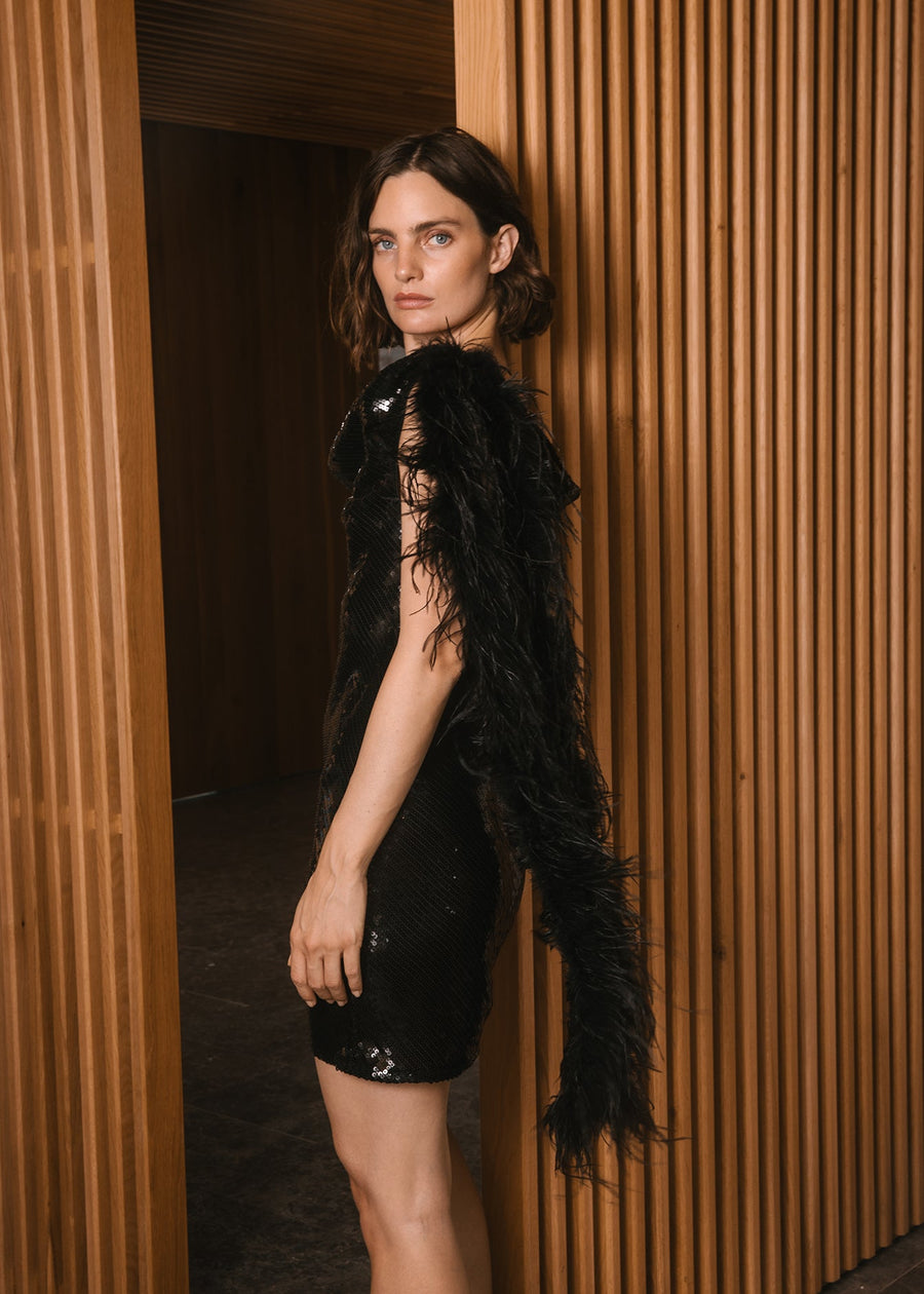 RADIO MINI DRESS IN BLACK SEQUIN/FEATHER