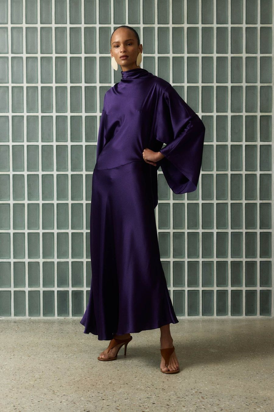 Bayamo Long Dress in Purple Silk Satin