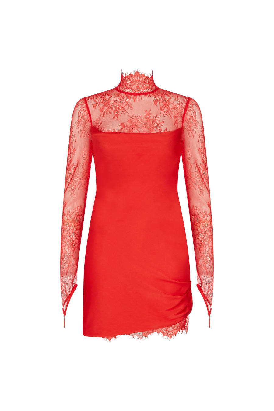 CROISSANT MINI DRESS IN RED SILK SATIN AND LACE