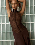 CHANDRA MIDI DRESS IN BROWN LACE CHIFFON - De La Vali