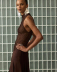 CHANDRA MIDI DRESS IN BROWN LACE CHIFFON - De La Vali