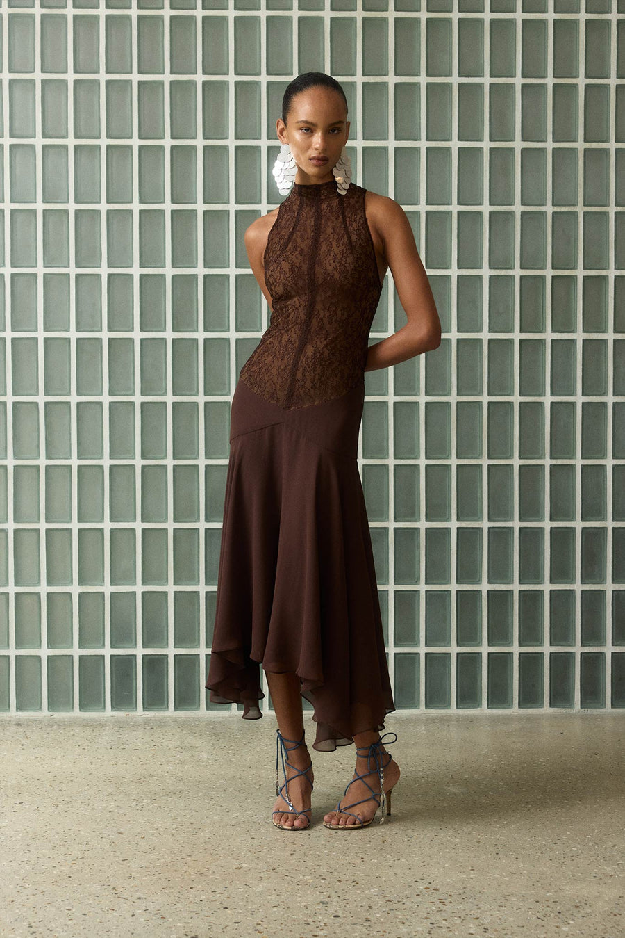 Chandra Midi Dress in Brown Lace Chiffon - De La Vali DE LA VALI OFFICIAL Chandra Midi Dress in Brown Lace Chiffon - De La Vali DE LA VALI OFFICIAL