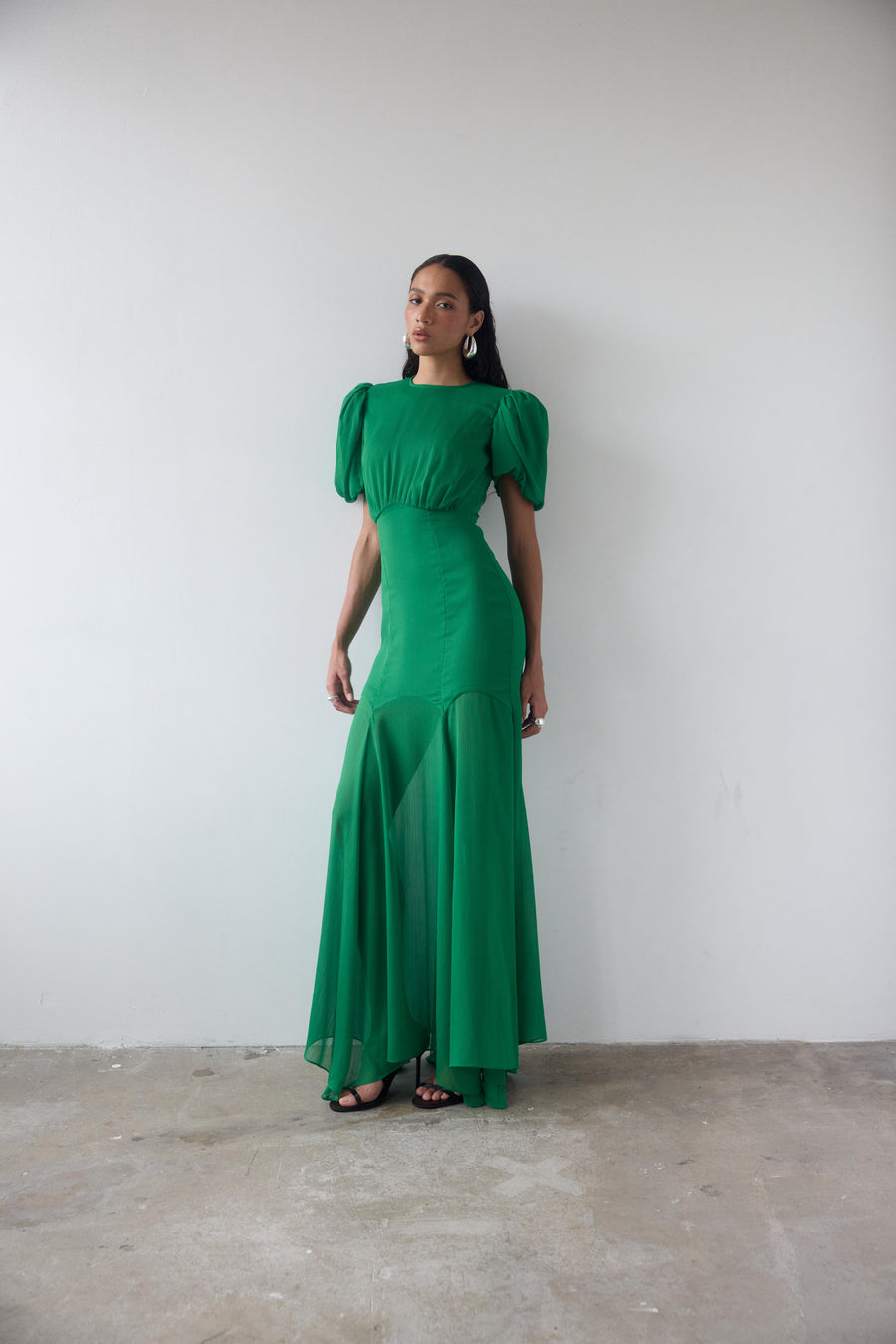 AGUA MAXI DRESS IN PALM GREEN CRINKLE CHIFFON