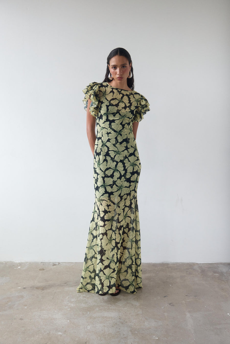BOUGAINVILLEA CHIFFON MAXI DRESS IN ART DECO FLORAL