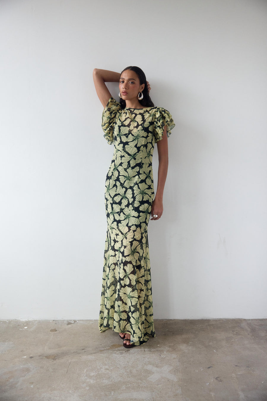 BOUGAINVILLEA CHIFFON MAXI DRESS IN ART DECO FLORAL