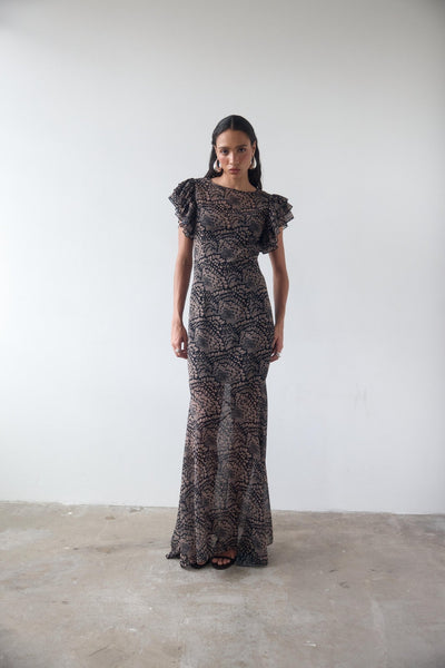 black maxi dress with feathers BOUGAINVILLEA CHIFFON MAXI DRESS IN FEATHER PRINT – DE LA VALI OFFICIAL