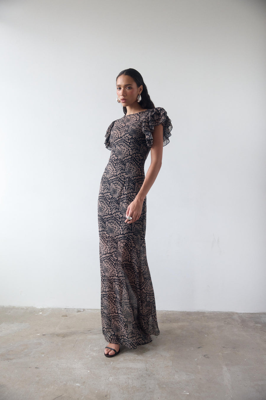BOUGAINVILLEA CHIFFON MAXI DRESS IN FEATHER PRINT