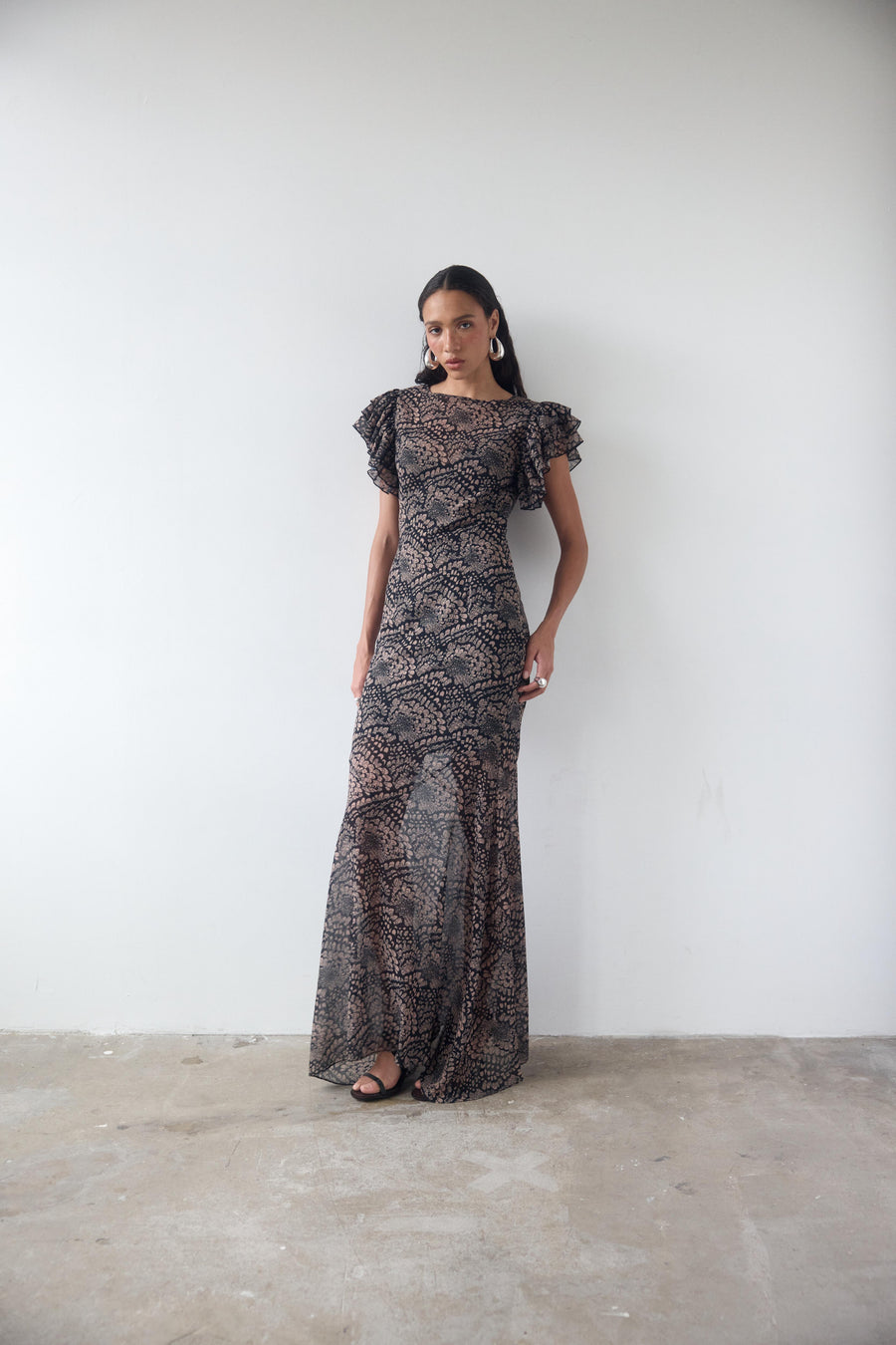 BOUGAINVILLEA CHIFFON MAXI DRESS IN FEATHER PRINT