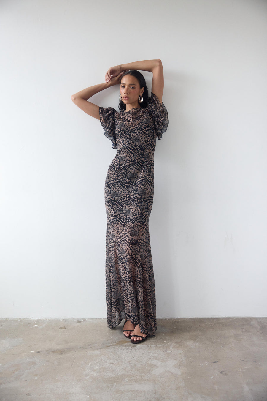 BOUGAINVILLEA CHIFFON MAXI DRESS IN FEATHER PRINT