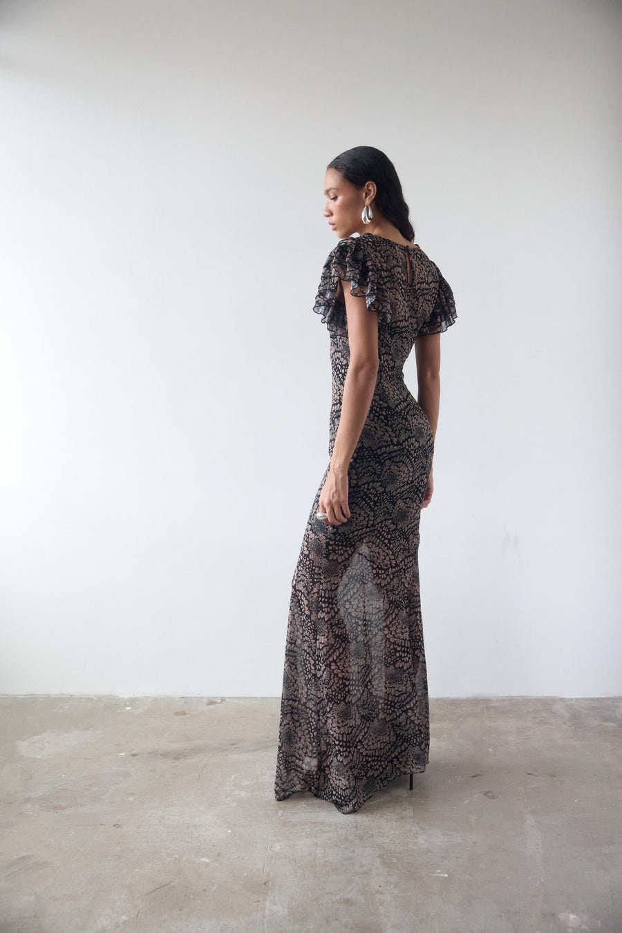 BOUGAINVILLEA CHIFFON MAXI DRESS IN FEATHER PRINT