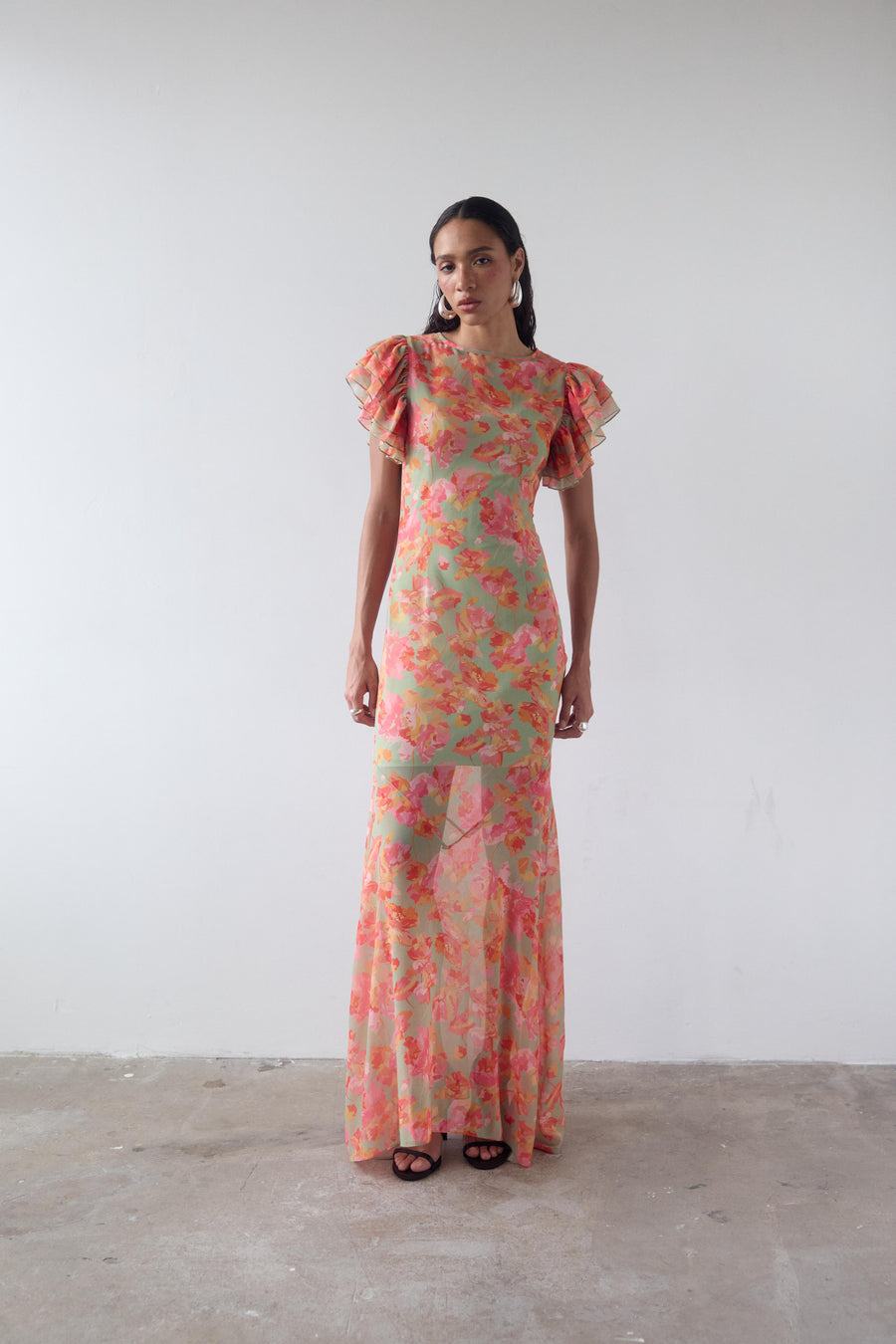 BOUGAINVILLEA CHIFFON MAXI DRESS IN SAGE FLORAL
