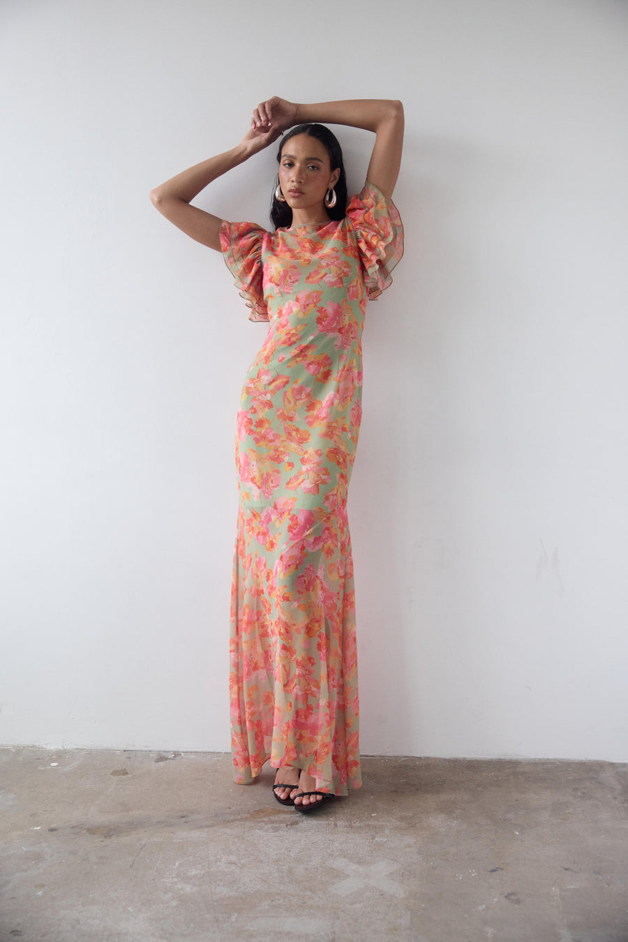BOUGAINVILLEA CHIFFON MAXI DRESS IN SAGE FLORAL