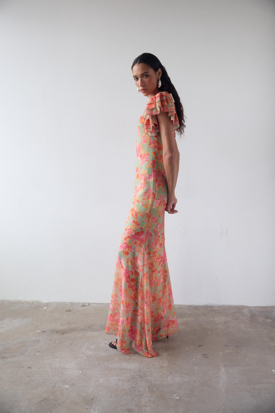 BOUGAINVILLEA CHIFFON MAXI DRESS IN SAGE FLORAL