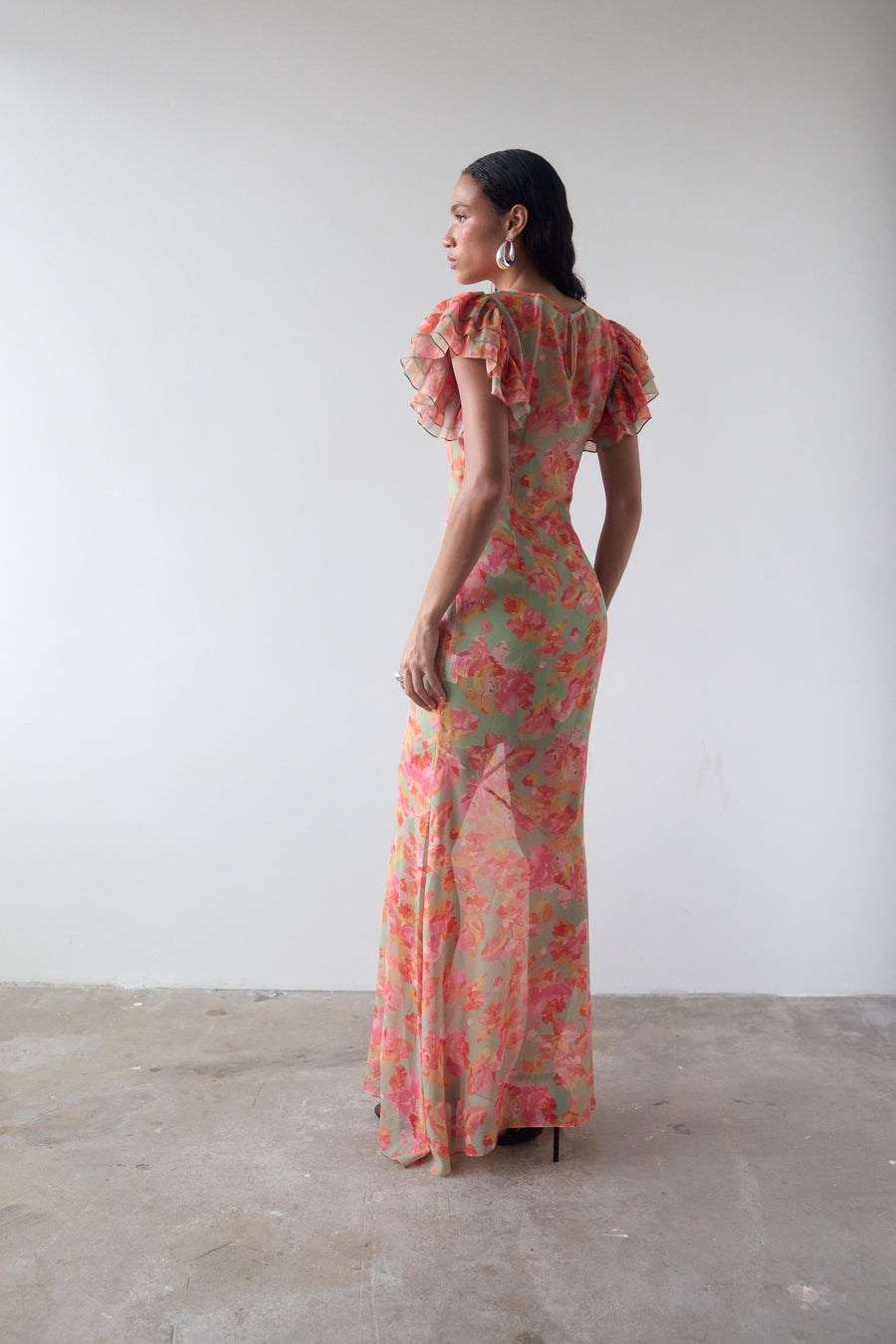BOUGAINVILLEA CHIFFON MAXI DRESS IN SAGE FLORAL