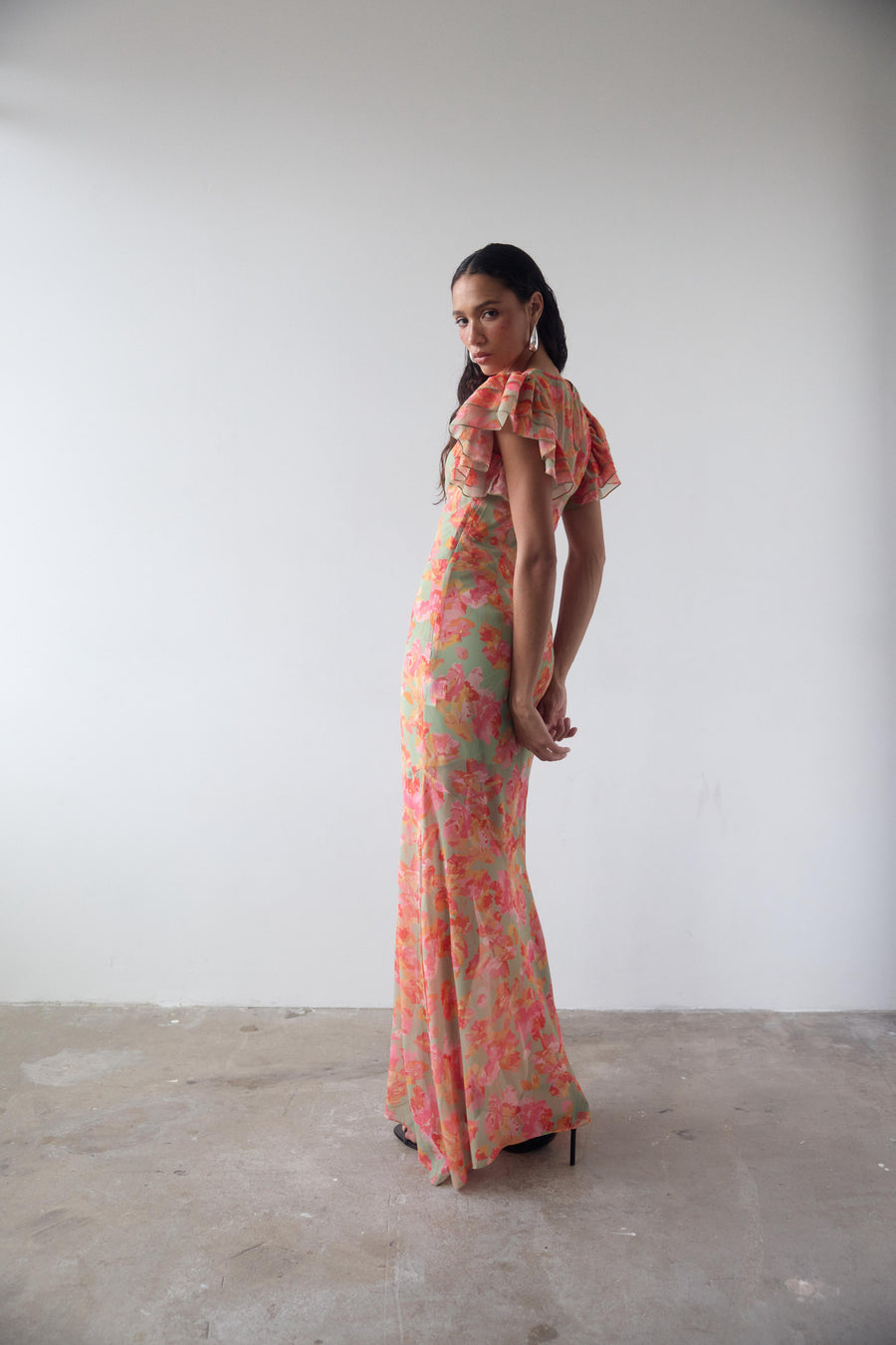 BOUGAINVILLEA CHIFFON MAXI DRESS IN SAGE FLORAL