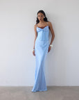 CLEODORA MAXI DRESS IN SKY SILK SATIN