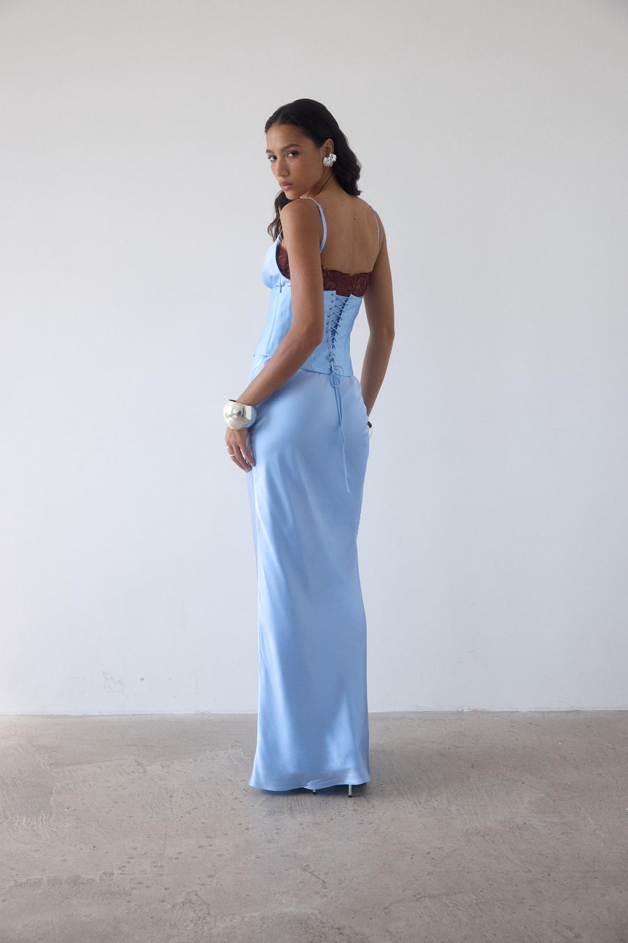CLEODORA MAXI DRESS IN SKY SILK SATIN