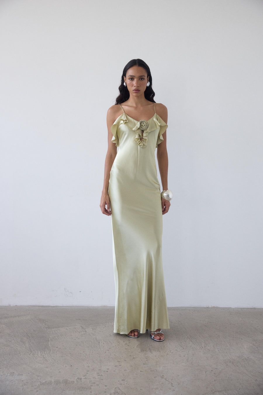 ESPERANZA LONG DRESS IN SAND SILK SATIN