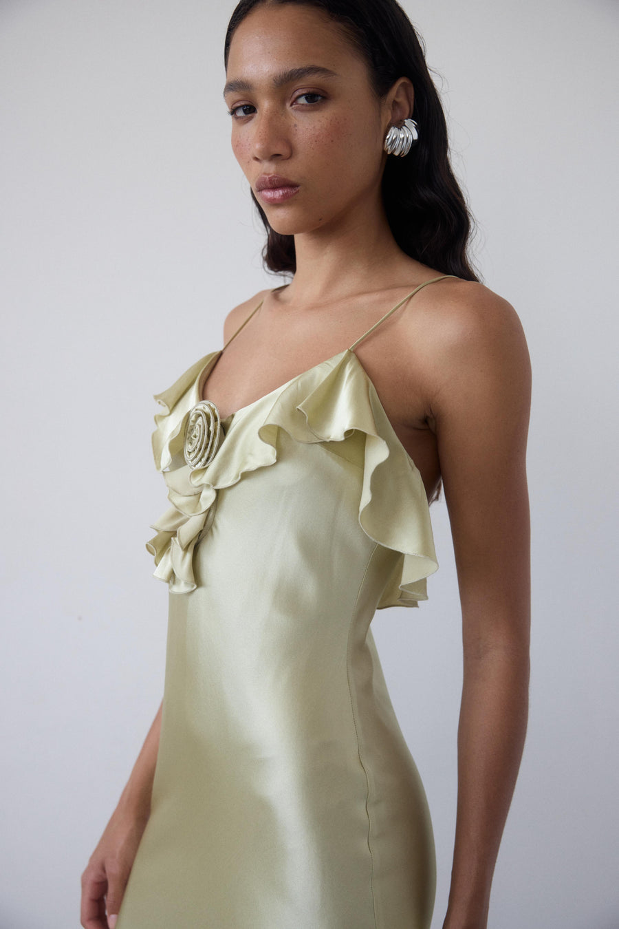 ESPERANZA LONG DRESS IN SAND SILK SATIN