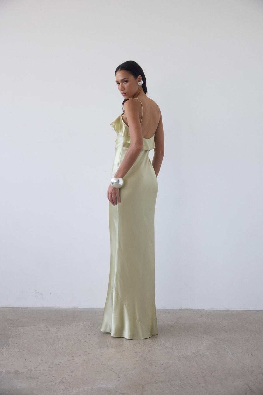 ESPERANZA LONG DRESS IN SAND SILK SATIN