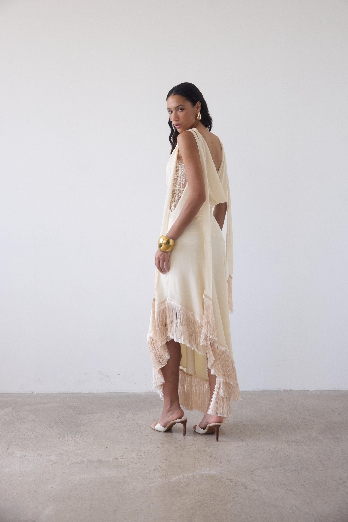 MISTRAL MIDI DRESS IN CREAM CHIFFON & LACE - De La Vali