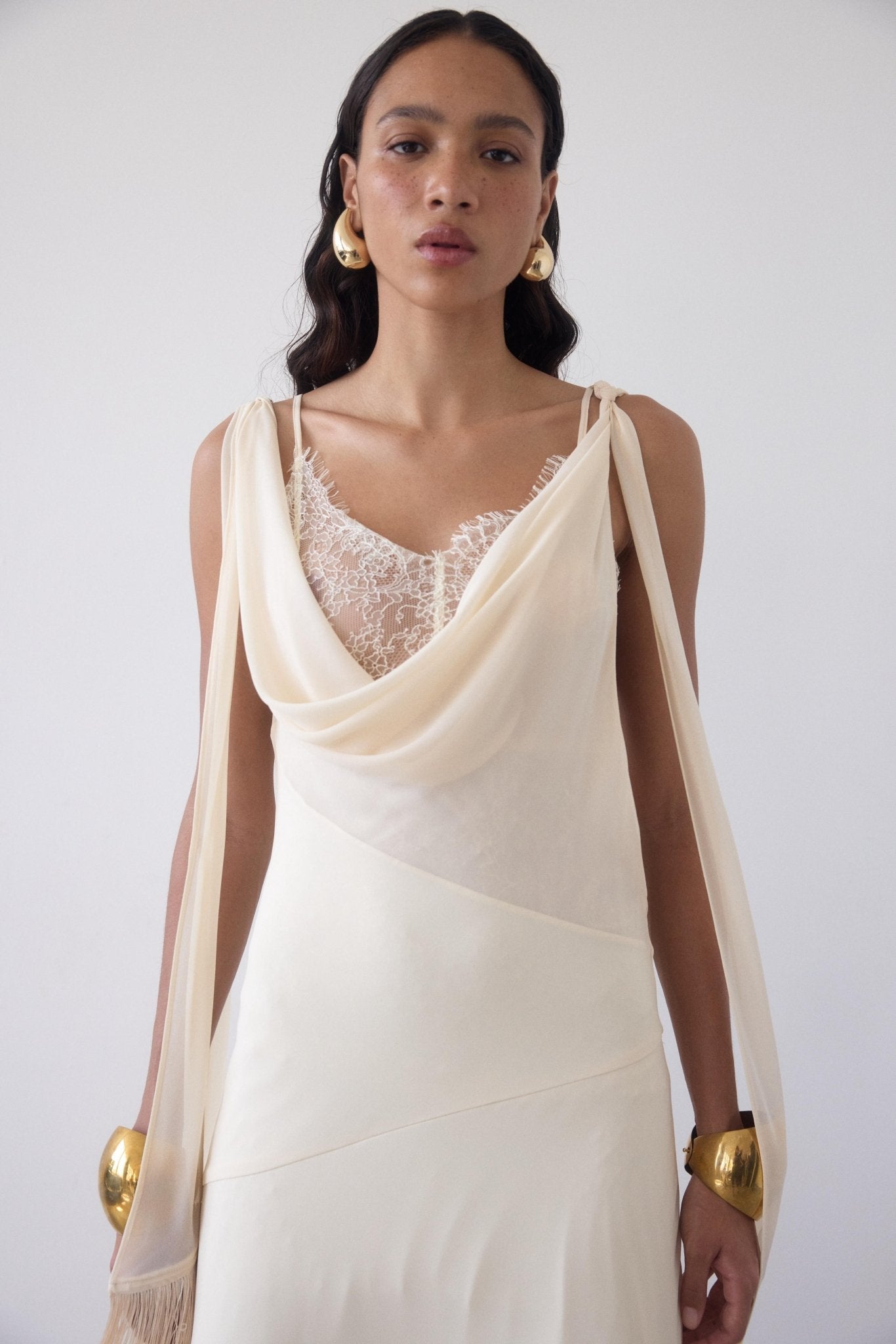 MISTRAL MIDI DRESS IN CREAM CHIFFON & LACE - De La Vali