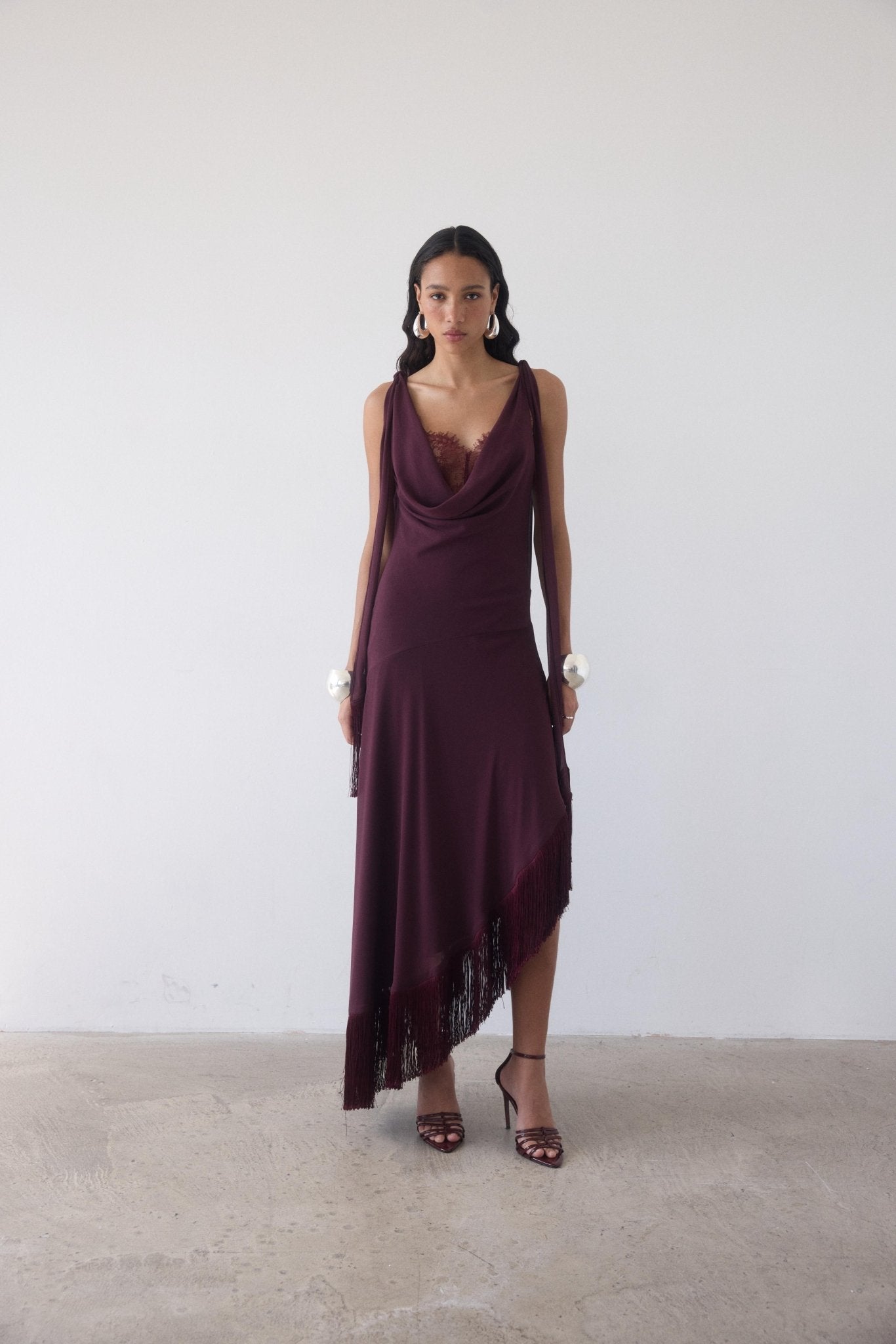 MISTRAL MIDI DRESS IN EARTH CHIFFON & LACE - De La Vali