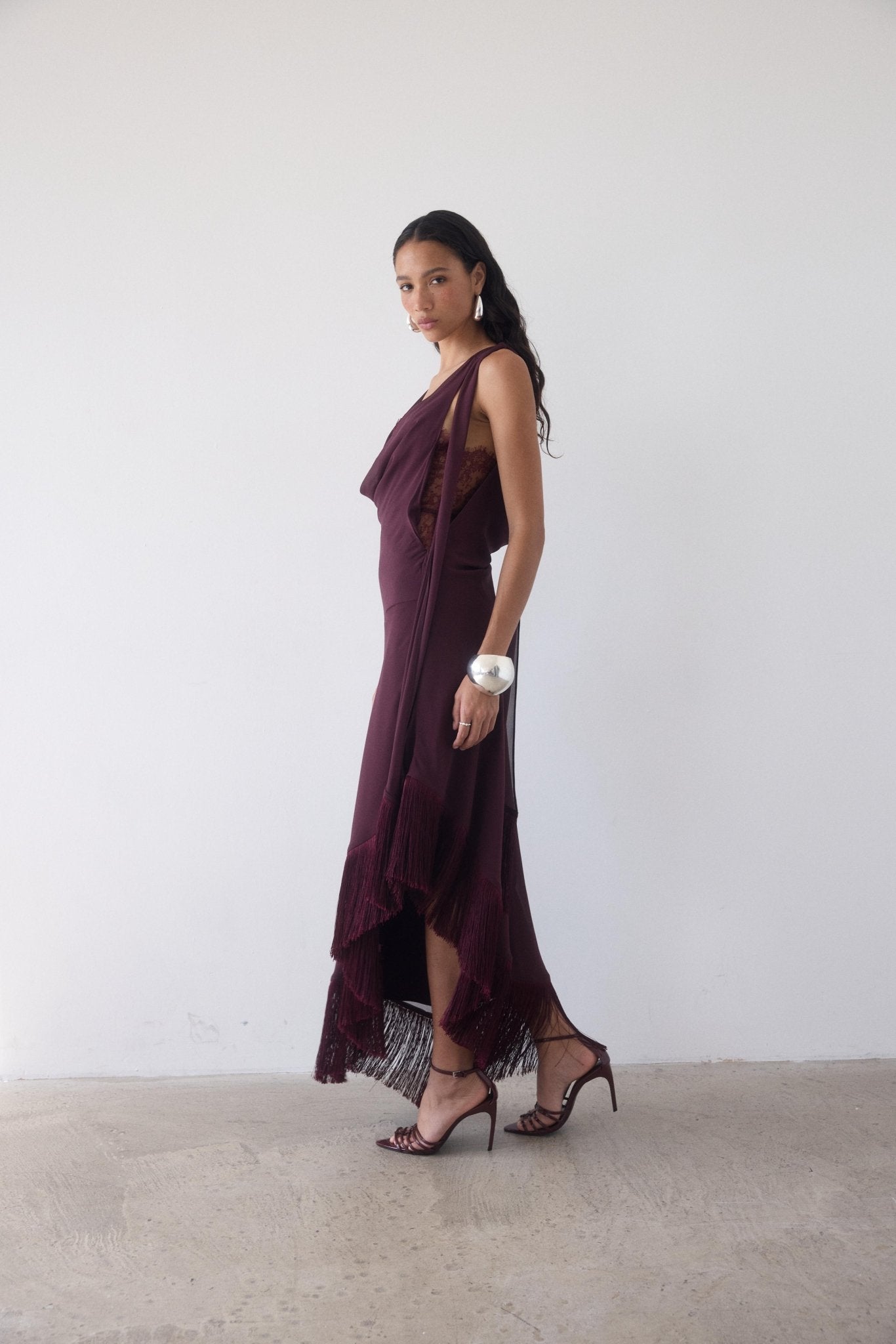 MISTRAL MIDI DRESS IN EARTH CHIFFON & LACE - De La Vali