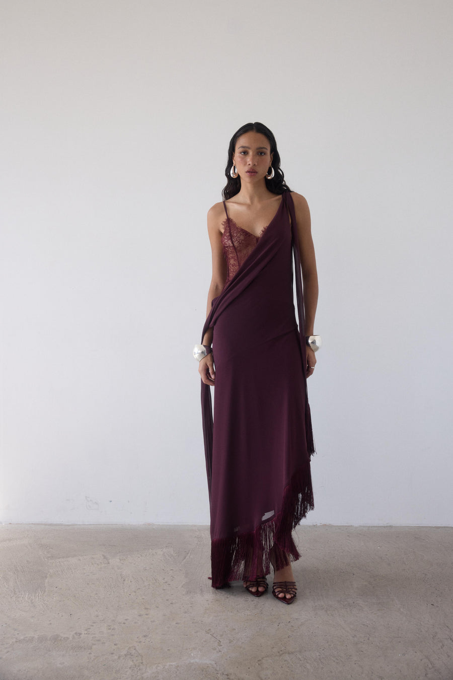 MISTRAL MIDI DRESS IN EARTH CHIFFON & LACE