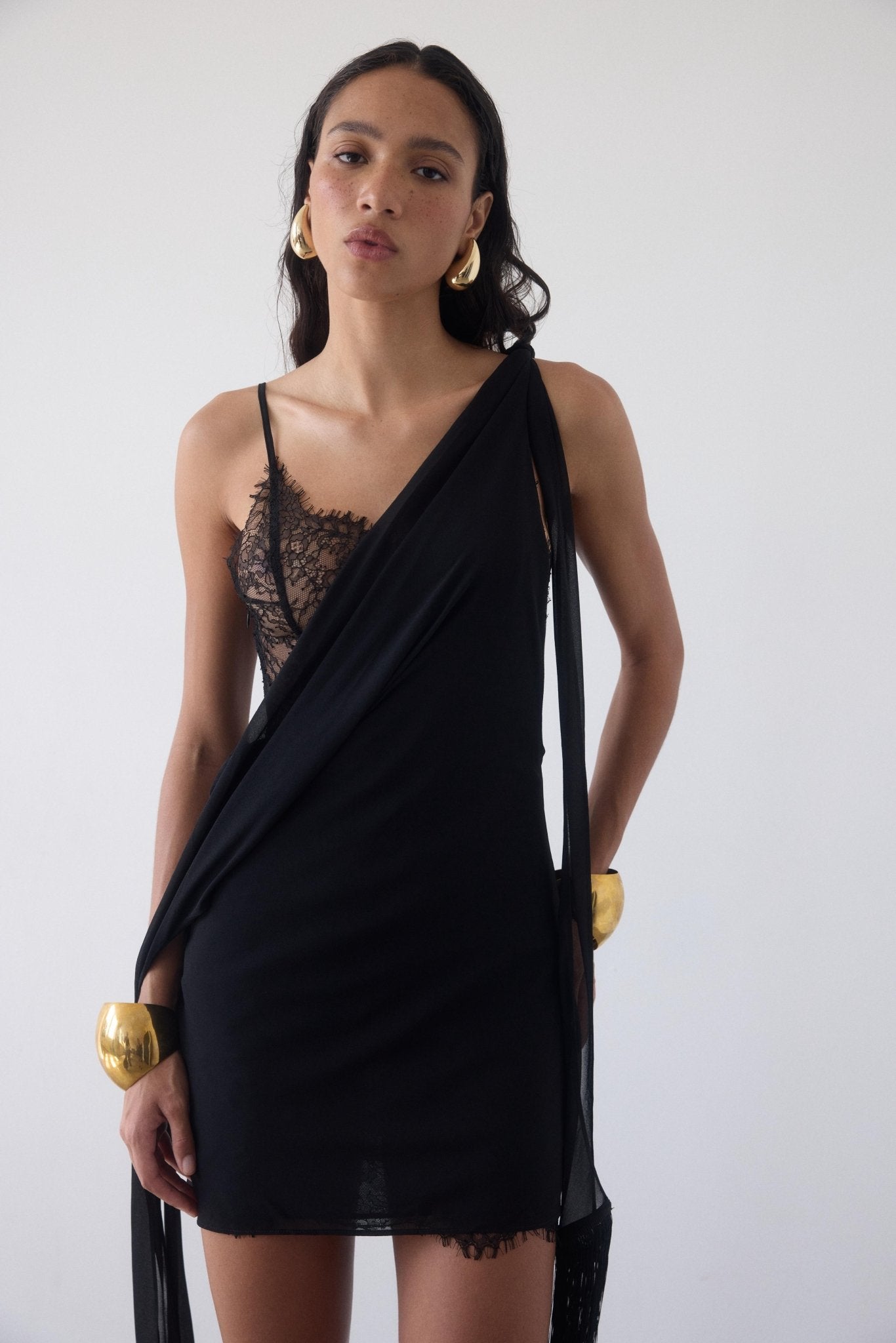 MISTRAL MINI DRESS IN BLACK CHIFFON & LACE - De La Vali