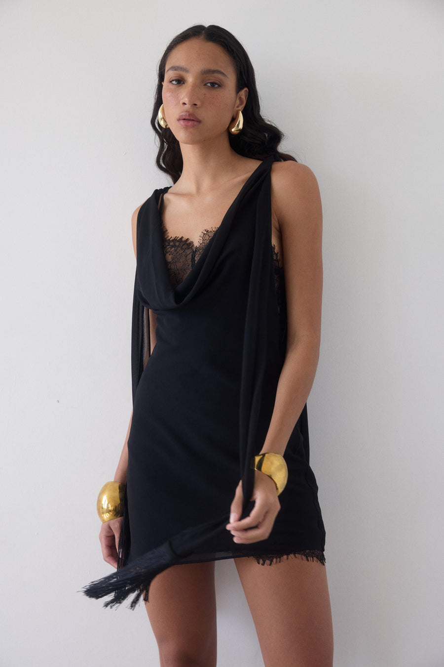 MISTRAL MINI DRESS IN BLACK CHIFFON & LACE
