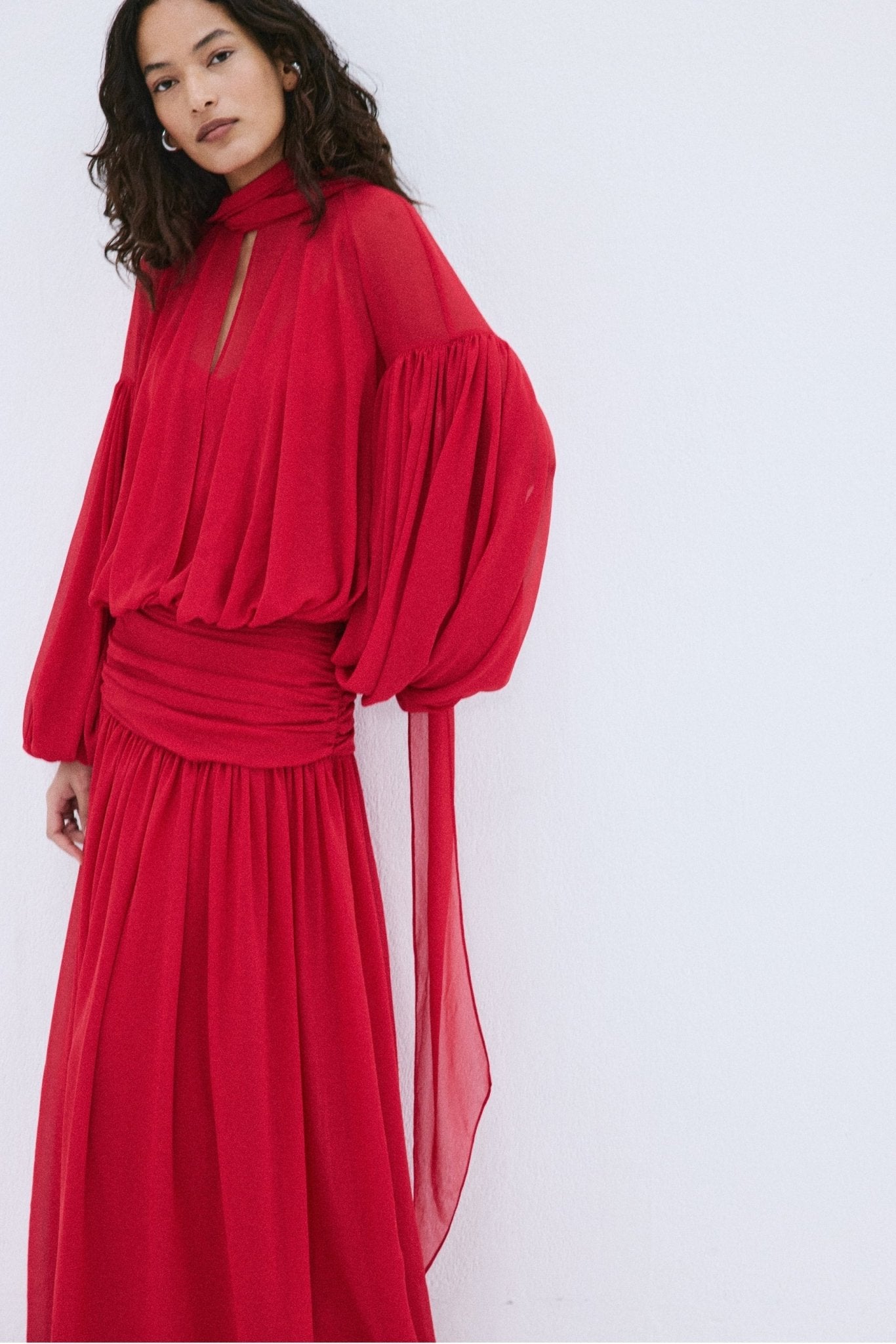 SOCORRO MAXI DRESS IN RUBY RED POLY CHIFFON - De La Vali