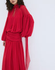 SOCORRO MAXI DRESS IN RUBY RED POLY CHIFFON - De La Vali