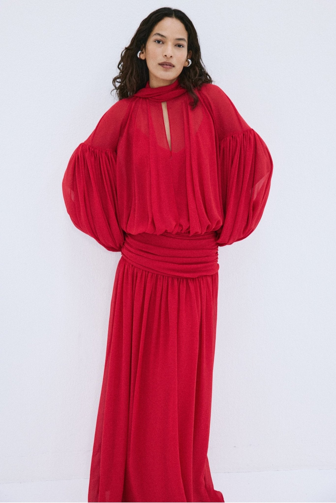 SOCORRO MAXI DRESS IN RUBY RED POLY CHIFFON - De La Vali