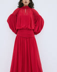 SOCORRO MAXI DRESS IN RUBY RED POLY CHIFFON - De La Vali